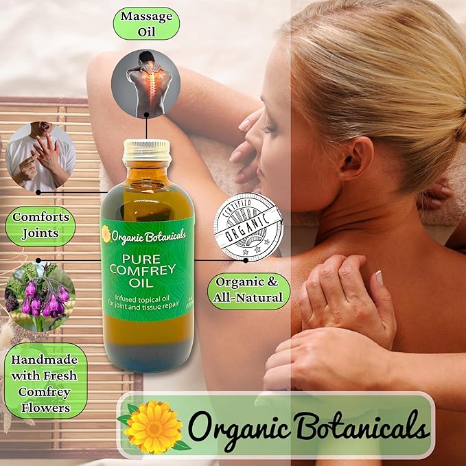 Pure Organic Comfrey Leaf Infused Oil - Skin Care for Joints, Back, Muscles, Fractures, Bruises, and Minor Wounds, Natural Herbal Body Massage Oil, Certified Organic (16 oz)