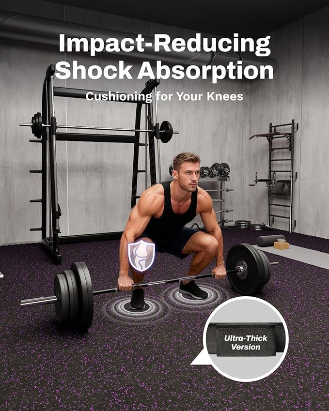 AIRHOP 0.79in Thick 48 Sq Ft Exercise Equipment Mats, 12 Tiles Upgraded Rubber Top with High Density EVA Foam, Large Interlocking Puzzle Gym Flooring for Home Gym, Heavy Weight Workout,Black & Purple