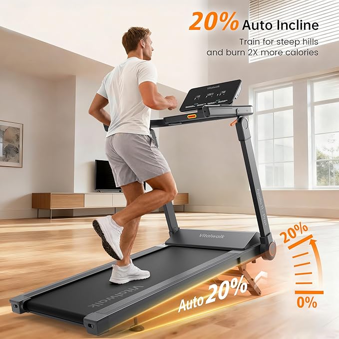 Foldable Treadmill with Auto Incline - Vitalwalk Commercial 48"x18" Wide Running Belt, 20% / 15% Incline, 10MPH, 3.5HP Brushless, Walking Pad Treadmill for Home, Auto Folding, No Installation, 350LBS