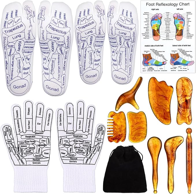 16 Pcs Reflexology Socks and Gloves with Tools Foot Reflexology Socks with Acupressure Gloves & 8 Pcs Massage Point Tools Foot Relief Acupressure Massager Set for Women and Men(Amber)