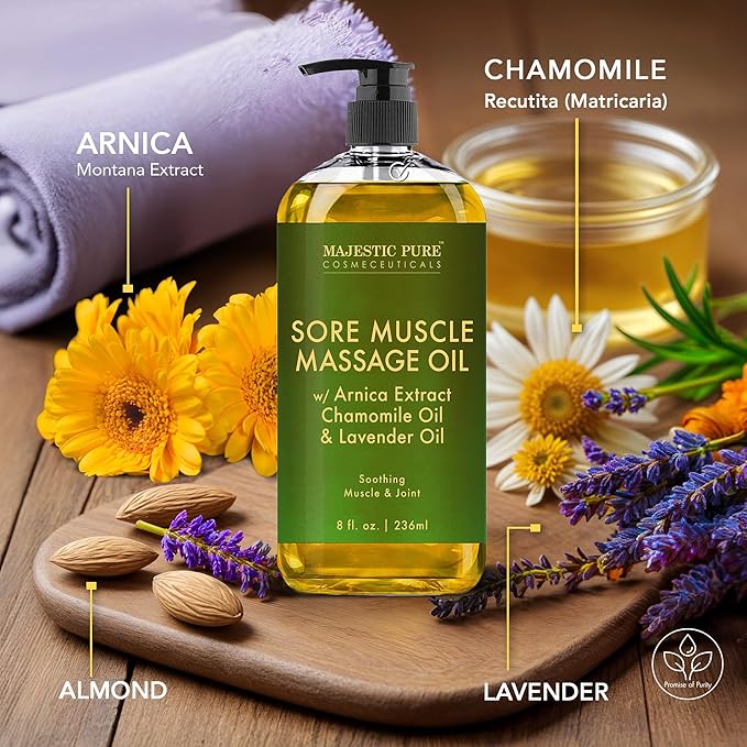 MAJESTIC PURE Arnica Sore Muscle Massage Oil for Massage Therapy - Refreshing and Relaxing - Natural Oils with Lavender & Chamomile Essential Oils - All Skin Types - Men & Women Massage Lotion-8 fl oz