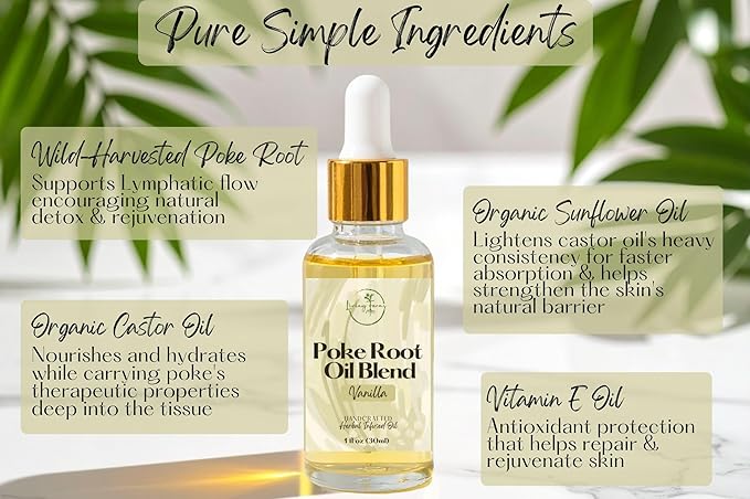 Organic Poke Root Oil with Castor Oil & Vanilla for Cysts, Boils, Fibroids, Swollen Lymph Nodes, Breast & Joint - Vegan Lymphatic Support Massage Oil - Handmade in The USA