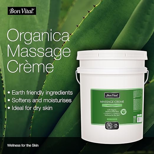 Bon Vital' Organica Organic Massage Creme, 5 Gallon, Organic Jojoba Oil, Non-Greasy, Hypoallergenic, Cream For Sensitive Skin, Massage Therapy & Muscle Relaxation, Spa Quality