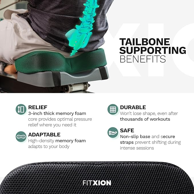 Rowing Machine Seat Cushion – Ergonomic Tail Bone Comfort Memory Foam Pad for Concept 2, Water Rower, Peloton or Recumbent Bike. Anti-Slip Base, Buckled Straps for Indoor Rowing Workouts