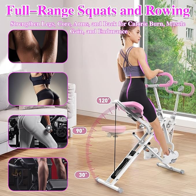 Squat Machine for Home Gym, 2 in 1 Squat Rowing Machine with Adjustable 4 Resistance Bands, Foldable Core Exercise Machine, Arm Glute & Leg Cardio Workout Machine