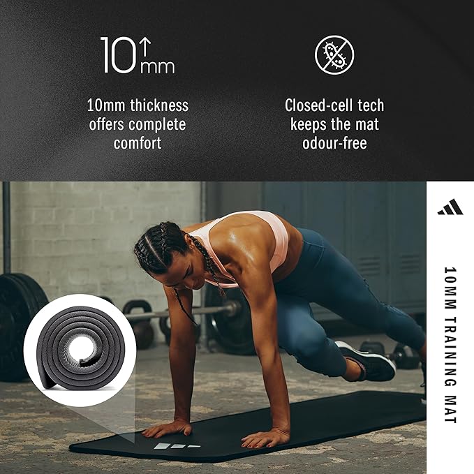 adidas 10mm Extra Thick Training Mat with Carrying Strap and Non-Slip Textured Base - Cushioned Workout Mat for Home Gym, Floor Workouts, and Intense Exercises - Portable and Durable