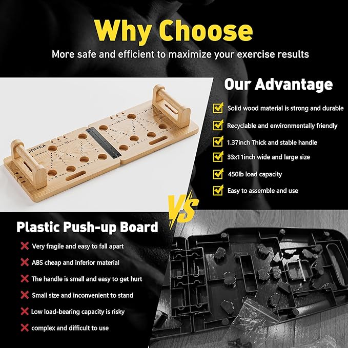 Push Up Board 30 in 1 Foldable with Resistance Bands - Thickened Pine Wood Multi-Push Up Board for Men & Women, Portable Gym/Home Workout Gear for Chest, Shoulders, Arms & Back