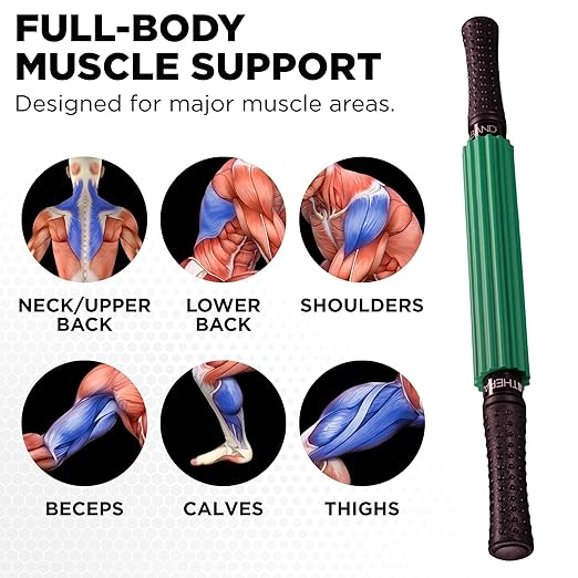 TheraBand - 11756 Roller Massager +, Portable Muscle Rolling Stick with Retractable Handles for Self-Myofascial Release, Deep Tissue & Trigger Point Massage, Gifts for Runners, Athletes, Crossfit Green