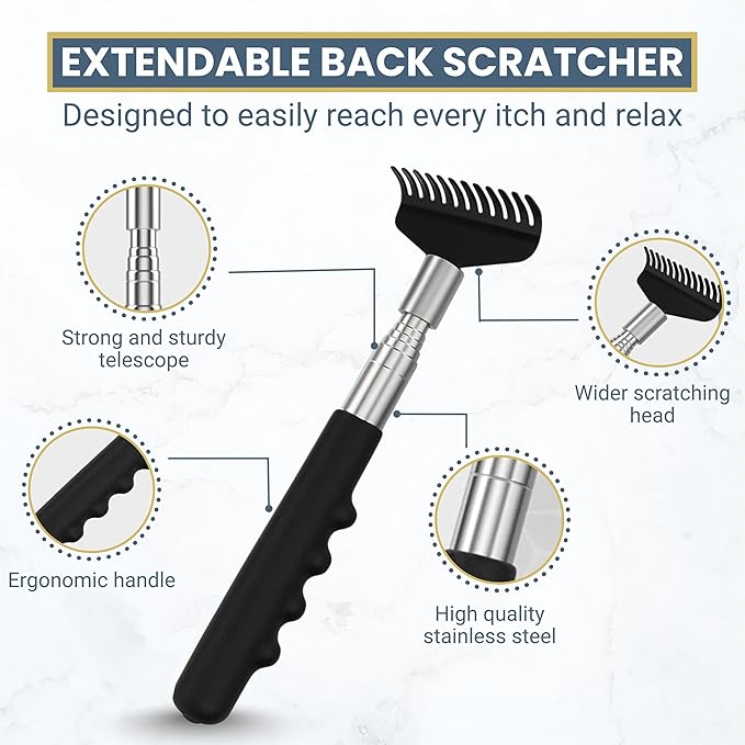 Robust Telescoping Back Scratcher for Instant Itch Relief, Extra Wide Head, Stainless Steel Handle Reaches Anywhere, Back Scratcher for Men, Back Scratcher for Women, Extends from 8" to 27" Gift Box