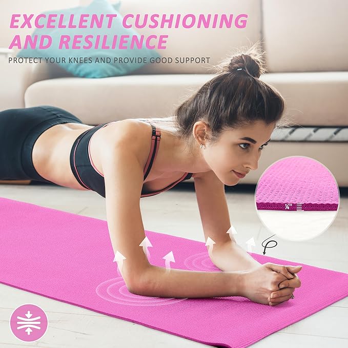 Signature Fitness All Purpose 0.25 Inch Thick High Density No Tear Exercise Yoga Mat with Strap & Lightweight Features for Indoor & Outdoor Use, Pink