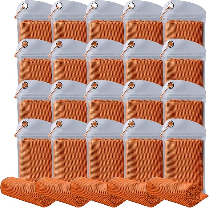 Pack of 20 Cooling Towel 40x12'' Ice Towel for Neck and Face Microfiber Chilly with Bag Breathable Yoga Gym Stay Cool Towels Sweat Rag for Workout Running Camping Pilates Beach, Orange
