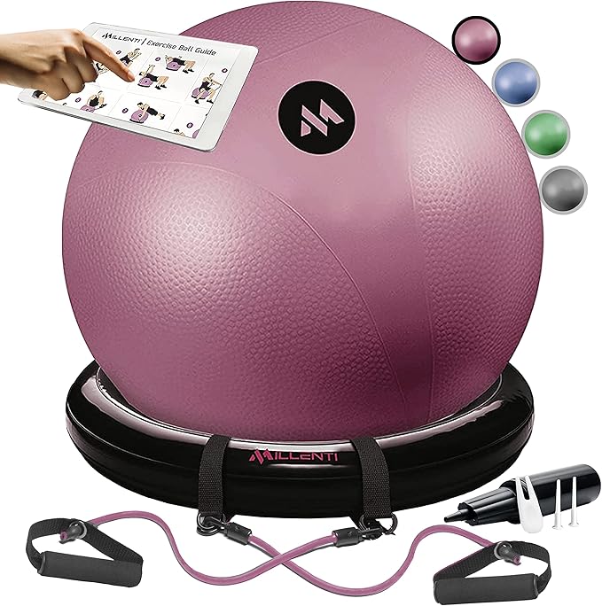 Millenti Exercise Ball Chair 65cm - Yoga Ball Chair Stability Base Ring Kit & Fitness Resistance Bands For Home, Gym Bundle, Pilates Ball, Office Chair, Birthing Ball For Pregnancy - With Workout Chart