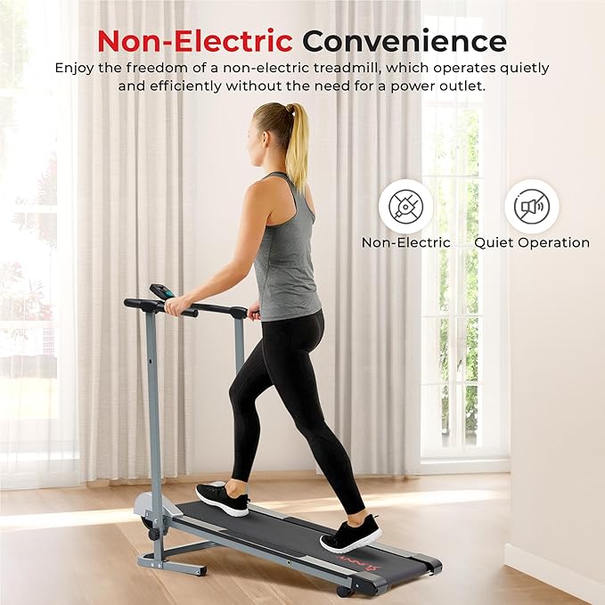 Sunny Health & Fitness Walking Pad Treadmill with Handle, Manual Compact Foldable Design Walking Running Non-Slip Surface Treadmill with Fixed Incline, LCD Monitor, Bluetooth Optional