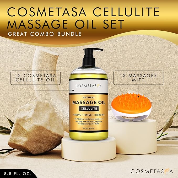 Cellulite Massage Oil with Massager Mitt - 100% Natural Cellulite Oil, Highly Absorbable and Deeply Penetrates Skin- Firms, Tones, Tightens & Moisturizes Skin By Cosmetasa (8.8 oz)