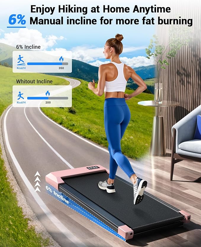 DeerRun Under Desk Walking Pad Treadmill for Home & Office, 6% Manual Incline, 2.5 HP, 0.6–3.8 MPH Walking Speed, 300 lb Capacity, App & Remote Control