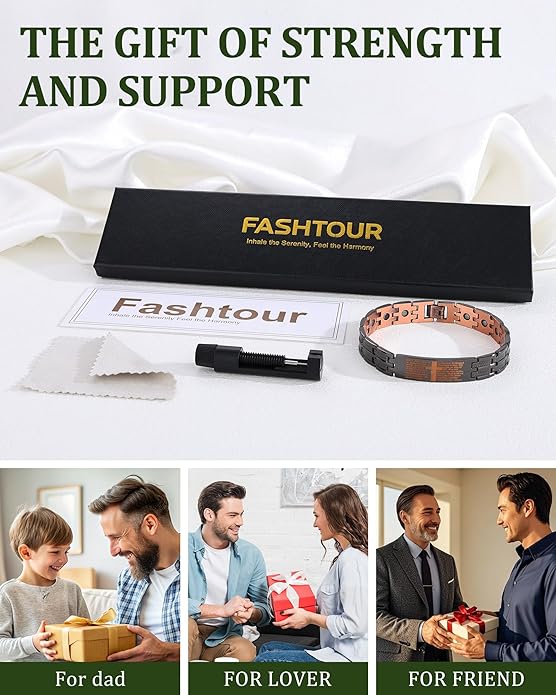Magnetic Bracelet and Ring Set for Men, 99.99% Pure Copper Jewelry, Adjustable Cross & Celtic Knot Design, Gift for Dad