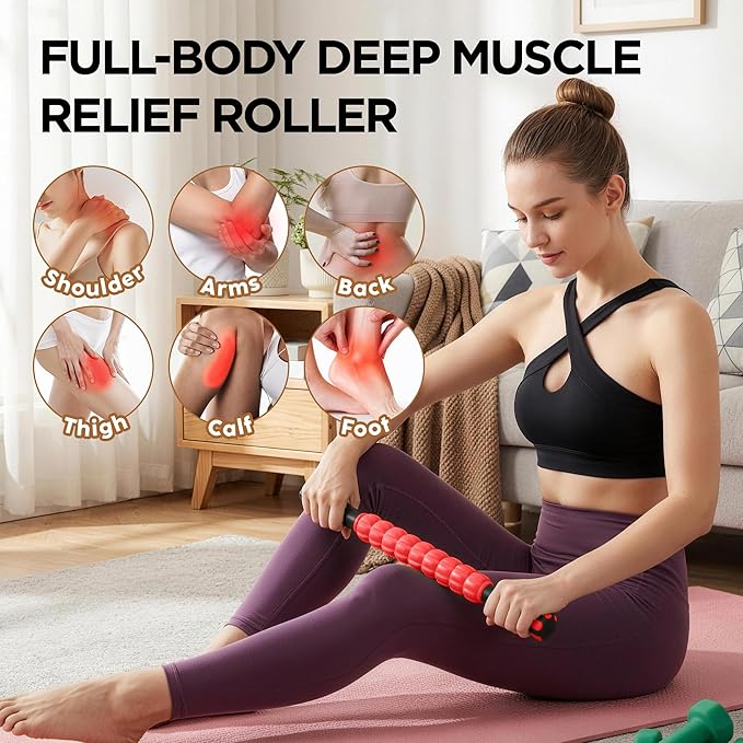 Muscle Roller & Massage Roller Stick for Athletes - Lymphatic Drainage Support, Relieves Muscle Soreness, Cramping & Tightness - Targets Legs, Arms, Back & Calves （Red - 18inch）