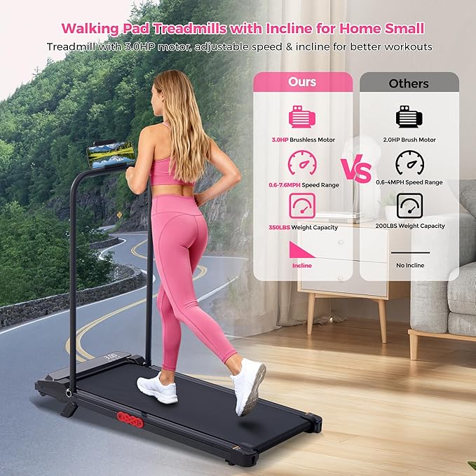 Walking Pad with Incline, 2026 Upgrade Electric Small Walking Pad with Handle Bar, 3.0HP Protable Walking Pad Treadmill with Handles and Incine for Home Small, 0.6-7.6MPH, 350LBS