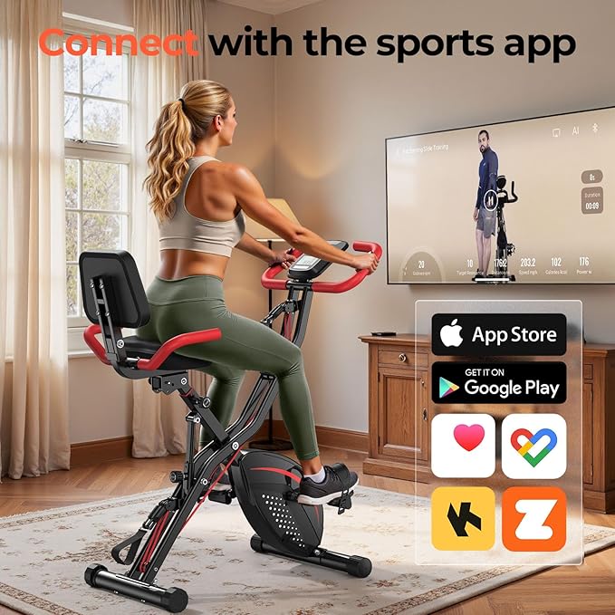 Pleny Folding Exercise Bike, 5 IN 1 Stationary Bikes for Home 6.6 LBS Flywheel, 330LB Weight Capacity Back Support Cushion Indoor Workout Cycling Bike for Home Gym