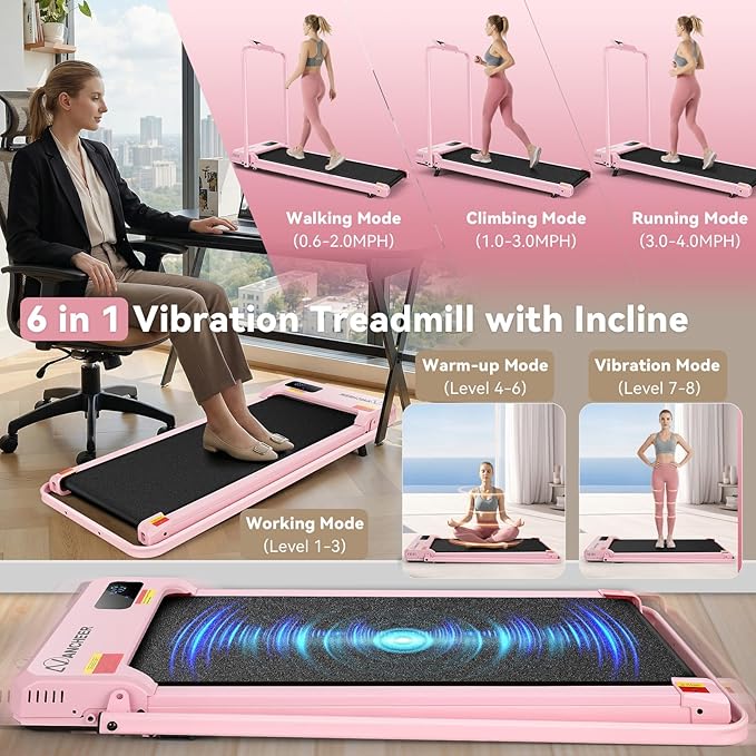 ANCHEER Walking Vibration Pad with 12% Incline & Handles,6 in 1 Foldable Under Desk Treadmill,350LBS Capacity/2S Folding/Low Noise Vibration Treadmills for Home/Office,8 Modes Control