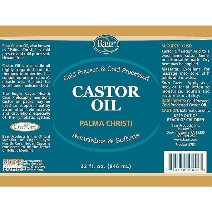 Baar Cold-Pressed Castor Oil, Cold-Processed, Hexane-Free, Palma Christi, for Skin, Hair, Massage & Castor Oil Packs, BPA-Free Bottle, 32 oz