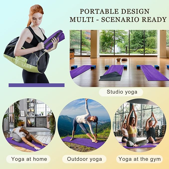 Yoga Mat Towel with Hand Towel, Extra Thick (600GSM) Soft Hot Yoga Towel, Non-Slip and Sweat Absorbent for Hot Yoga, Bikram, Pilates, and Fitness, 72" x 27.5", Dual-Color, Grey/Purple