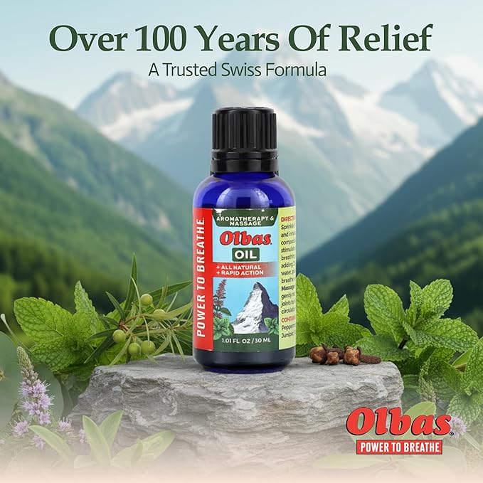 Olbas Massage and Aromatherapy Oil, 1.01 Fl Oz,body massage oil, Swiss Herbal Remedies with Pure Essential massage oils for muscle relaxing and soothing comfort for pain relief.