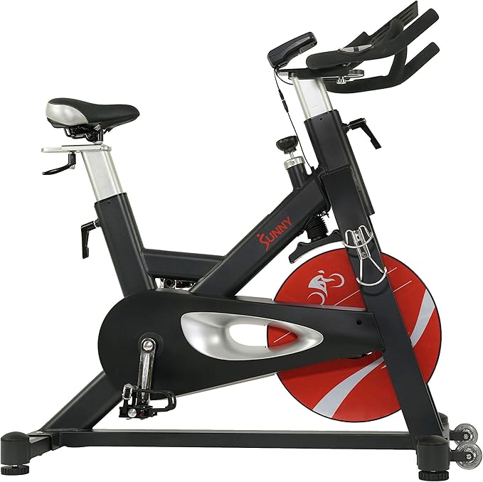 Sunny Health & Fitness Indoor Cycling Exercise Bike w/Pulse Sensors & 4-Way Adjustable Seat, Stationary Home Cardio Training Machine w/Micro-Adjustable Magnetic Resistance for Intensive Cardio Session