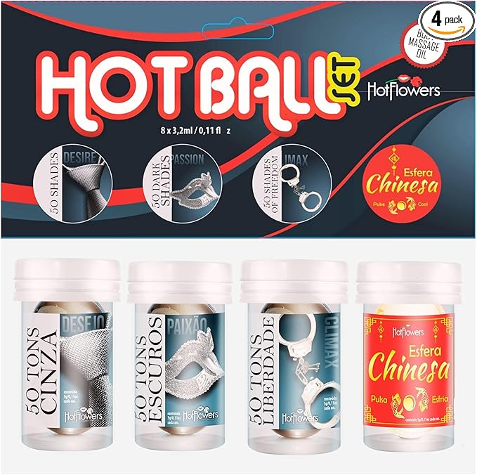 Hot Ball Passion Kit – 4 Massage Oil Balls: Desire, Passion, Climax & Chinesa Sphere – Cooling, Warming & Pulsing Sensations – 2 Capsules Each – Skin-Friendly Massage Gel