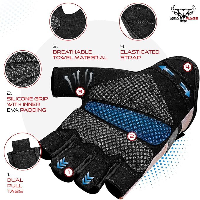 BEAST RAGE Fingerless Weight Lifting Gloves with Palm Protection Padding, Breathable Lightweight Gym Gloves for Men, Women, Weightlifting, Cycling, Exercise, Training Pull Up