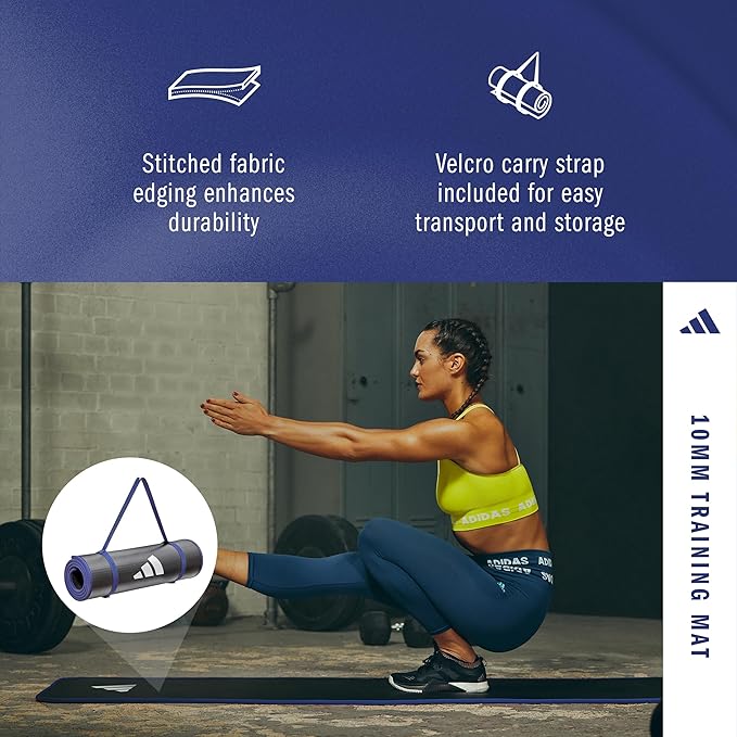 adidas 10mm Extra Thick Training Mat with Carrying Strap and Non-Slip Textured Base - Cushioned Workout Mat for Home Gym, Floor Workouts, and Intense Exercises - Portable and Durable