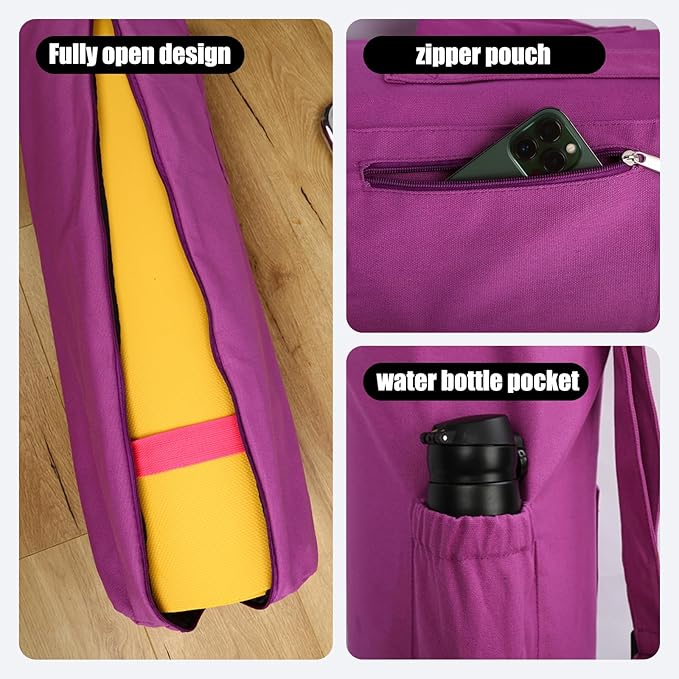 Cotton yoga mat bag with Pockets and Adjustable Strap - Full Zip Cargo Yoga Mat Carrier Bag - Bag for 1/4" 1/3" Thick Yoga Mat