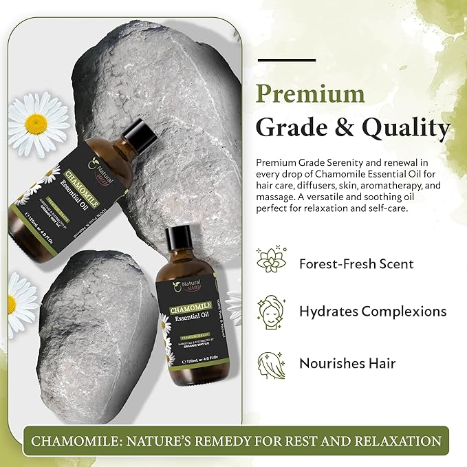 Chamomile Essential Oil | Pure Aromatherapy Oil for Diffusers, Hair Growth, Skin, Scalp Care, Massage | Refreshing Hair Oil for Women & Men | Natural Essential Oil for Diffuser | 4 Fl Oz (120 mL)