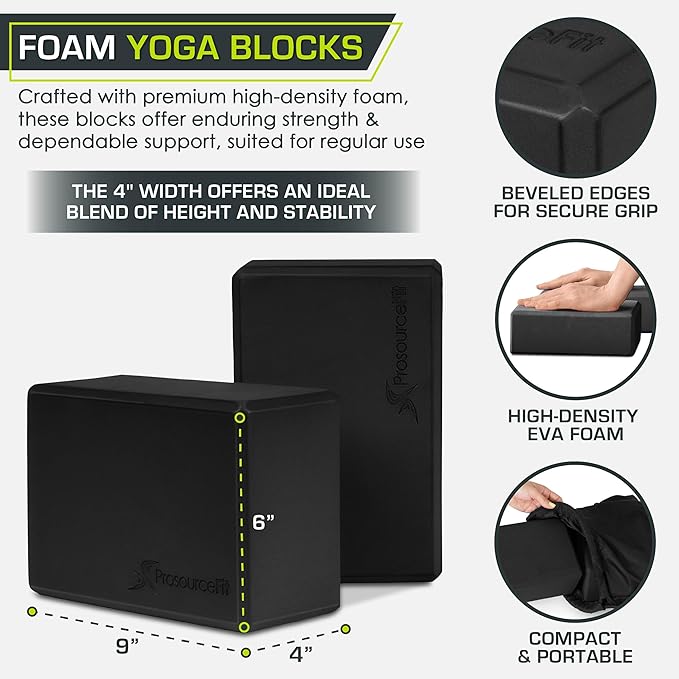 ProsourceFit Foam Yoga Blocks, High Density EVA Yoga Bricks 4”x 6” x 9” (Set of 2)