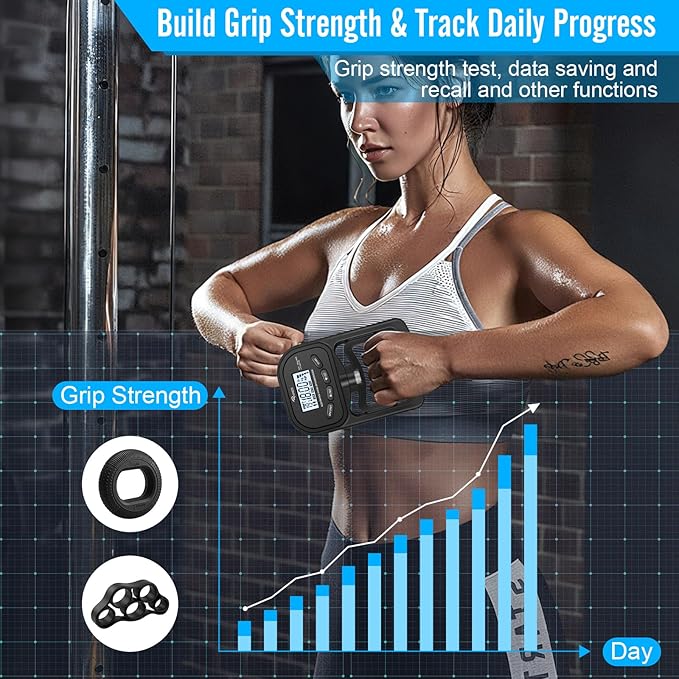 Ryaco Grip Strength Tester With Grip rings, finger exercisers, 396lbs/180kg Digital Hand Dynamometer Grip Strength Trainer Set Electronic Hand Grip Strengthener with LCD Display for Rehab