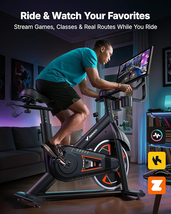 Merach Magnetic Exercise Bike, Low Noise Stationary Bike for Home with Comfortable Seat Cushion, Spinning Bike with 330 lb Weight Capacity, Exclusive App, Tablet Mount and Fitness Courses