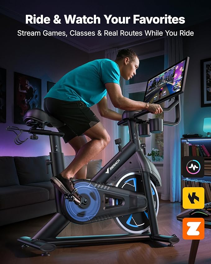 Merach Magnetic Exercise Bike, Low Noise Stationary Bike for Home with Comfortable Seat Cushion, Spinning Bike with 330 lb Weight Capacity, Exclusive App, Tablet Mount and Fitness Courses