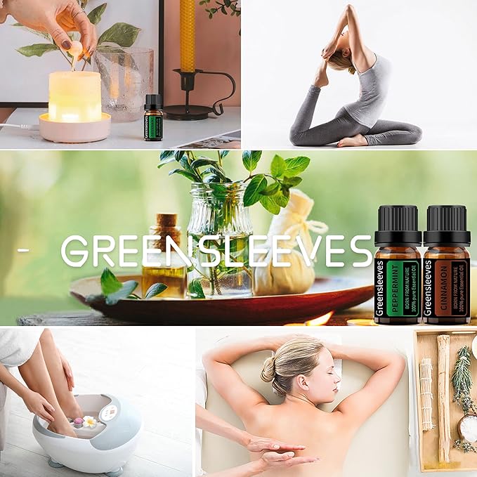 GREENSLEEVES Cinnamon Peppermint Essential Oil Set, 2 x 10ml Pure Plant-Based Fragrance Oil for Aromatherapy, Essential Oils for Diffuser, Massage, Bath Bomb, Scented Candle Soap Making