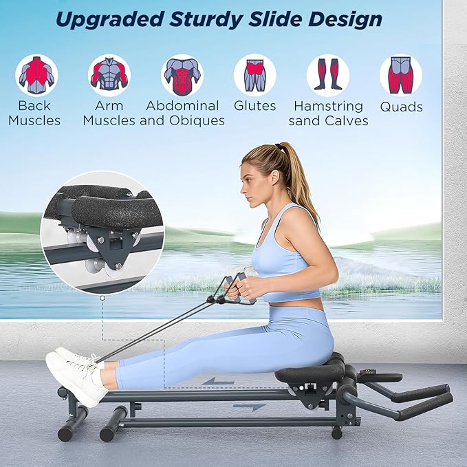 4-in-1 Rowing Machine, Ab Machine – Foldable Full Body Workout Equipment with Resistance Bands for Home Cardio, Strength, and Core Training – Black