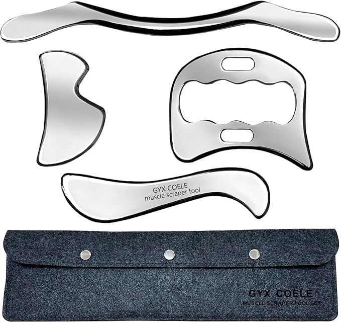 4 in 1 Stainless Steel Gua Sha Muscle Scraper Tool, Professional IASTM Physical Therapy Tool Set for Massage and Scraping （4pcs Carry Bag）