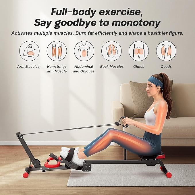 WARMOUNTS Ab Machine, 4 in 1 Foldable Rowing Machine Full Body Workout for Home Gym, Ab Workout Machine with 4 Adjustable Handle & LCD Monitor