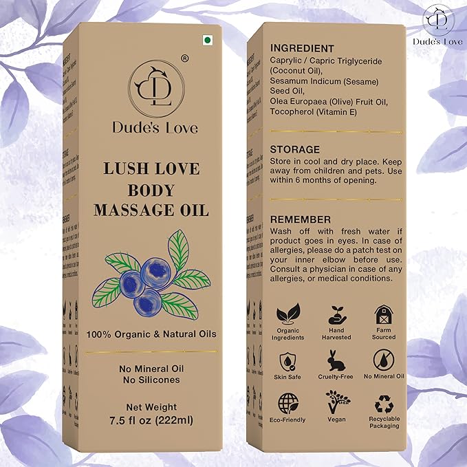 Lush Love Massage Oil | Lime & Juniper Berry Essential Oils | 100% Natural & Organic | No Mineral Oil, No Silicones | Non-Greasy Body Oil | Massage, MOISTURISE, Recover | 7.5 fl oz (222ml)