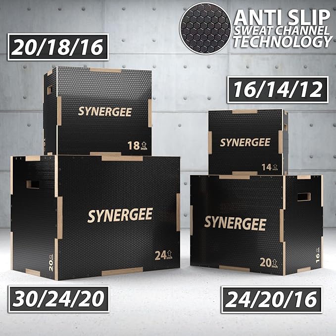 Synergee 3 in 1 Non-Slip Plyometric Box for Jump Training and Conditioning. Wooden Plyo and Soft Plyo Box All In One Jump Trainer. Sizes 20/18/16, 16/14/12