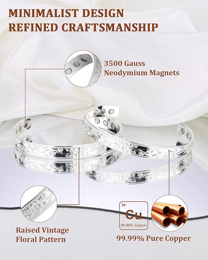 BioMag 2 Pcs Magnetic Copper Bracelet for Women, 99.99% Pure Copper Cuff Bangle with 6 Pcs 3500 Gauss Magnets, Adjustable Size, Floral Vine Design