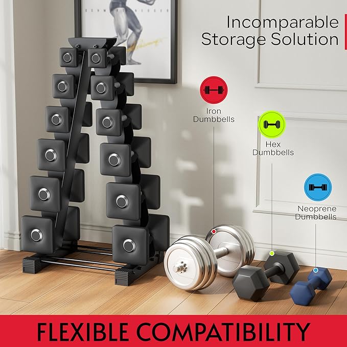Dumbbell Rack Stand Only, Compatible with Peloton Weights, Ergonomic Weight Rack for Home Gym Dumbbells with 6-Tier, Space-Saving Home Gym Storage Rack, Plus Neoprene Set Storage, Compact