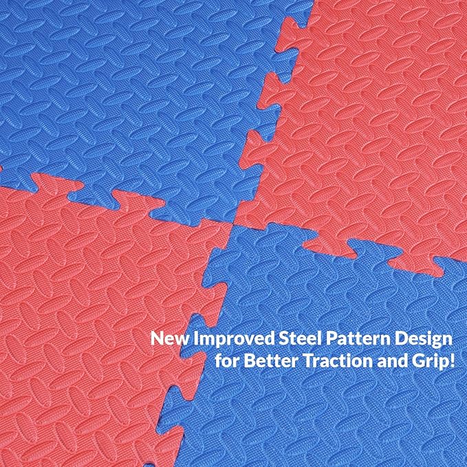 Xspec 1" Extra Thick 48 sq ft Reversible EVA Gym Foam Floor Mat Tiles (24" x 24"), Steel Pattern, 12 pcs, Blue & Red