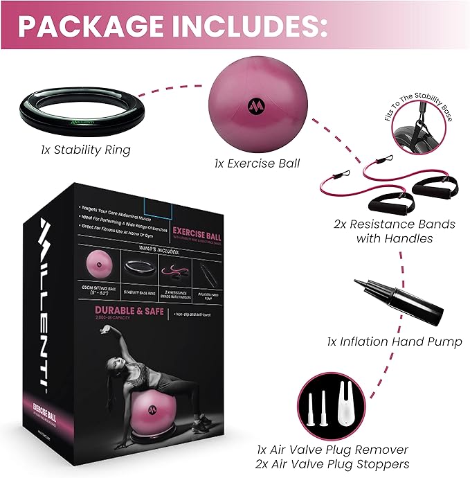 Millenti Exercise Ball Chair 65cm - Yoga Ball Chair Stability Base Ring Kit & Fitness Resistance Bands For Home, Gym Bundle, Pilates Ball, Office Chair, Birthing Ball For Pregnancy - With Workout Chart