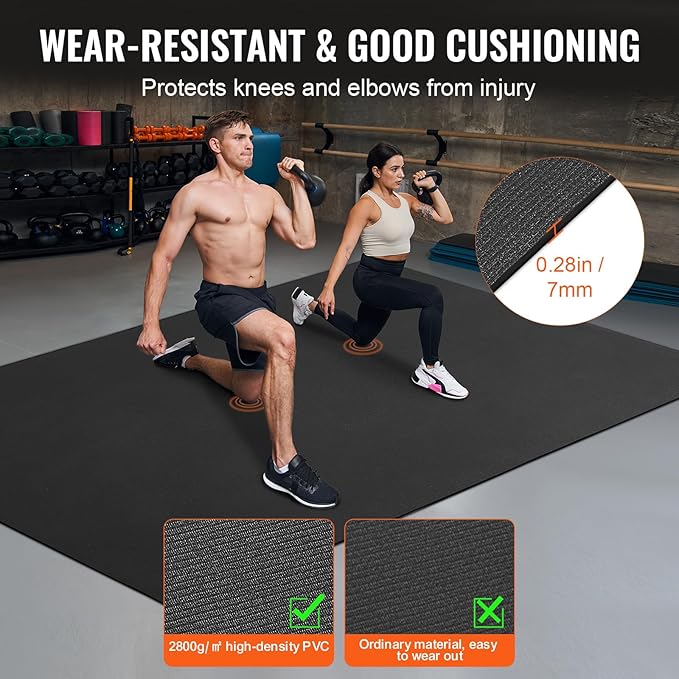 VEVOR Large Exercise Mat, 12'x6'/10'x6'/9'x6'/8'x6'/8'x5'/7'x5'/6'x4' (7mm) Extra Thick, Non Slip High Density Premium Workout Mat, Exercise Yoga Mat for Men & Women, Fitness & Exercise Mat with Bag & Carry Strap, for All Types of Home Yoga, Pilate & F...