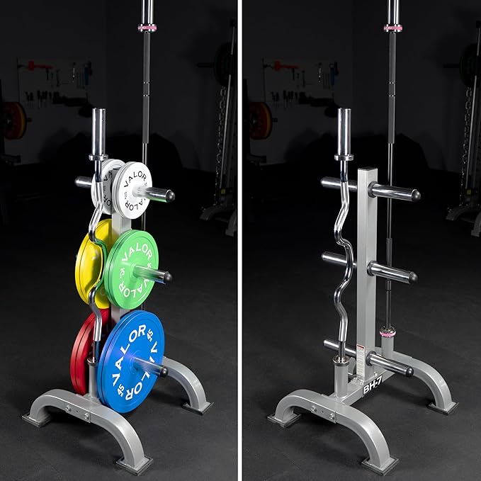 Valor Fitness Weight Plate Rack with Barbell Holders – Heavy-Duty Steel Storage Tree with 6 Pegs and 2 Vertical Bar Sleeves for Standard and Olympic Plates – 800 lb Capacity for Home & Garage Gyms