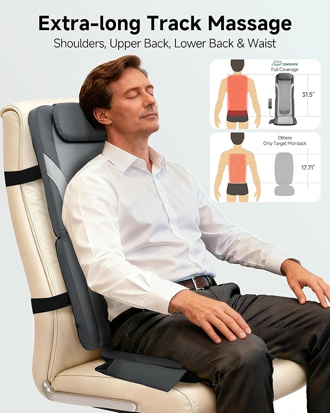 Snailax Gifts for Men Women Chair Back Massager for Full Back Pain Relief Deep Tissue, Vibration Heated Seat Cushion Long Track Dual 3D Shiatsu Rollers, 3 Height Settings Foldable Massage Chair Pad
